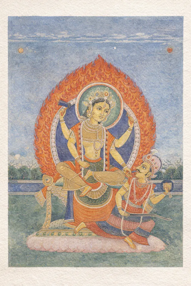 Painted Bagalamukhi seated on a lotus before a tall aureole of orange flame, holding a club and the tongue of a kneeling crowned figure.