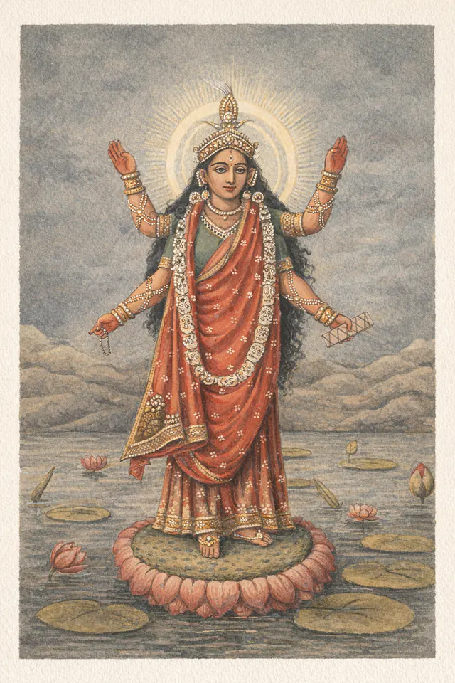 Painted Bhairavi standing on an open lotus in a red sari, both upper hands raised with open palms, lily pads on the water around her.