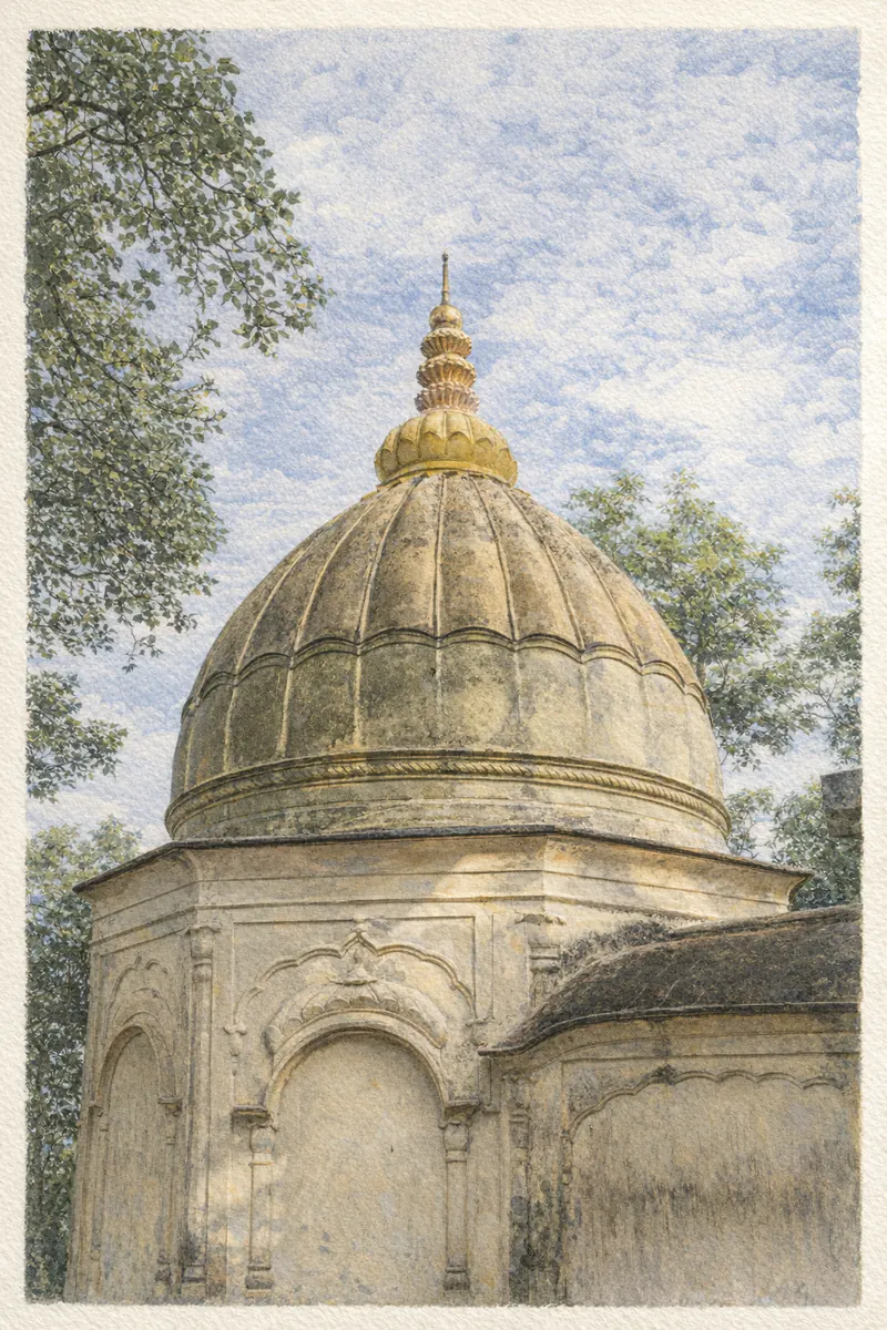 Painted study of the Bhuvaneshwari temple dome at the top of Nilachal Hill, its ribbed stone cap rising to a gold crown and finial above whitewashed arches.