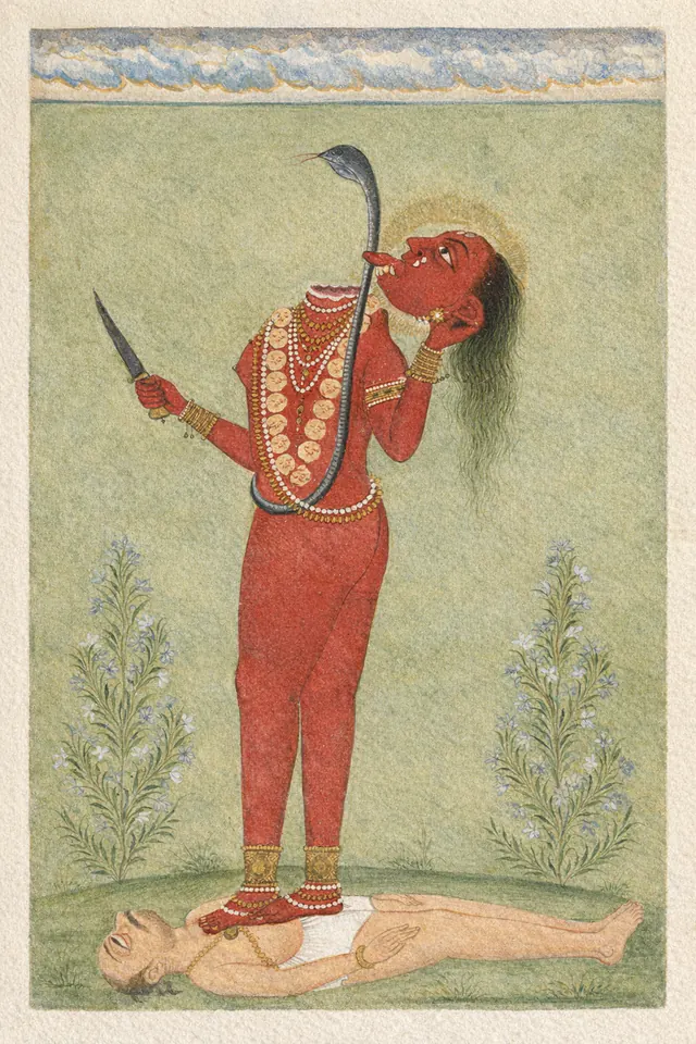 Painted Chinnamasta, a standing red figure holding her own severed head and a small blade, a snake across her body, on a green ground with flowering plants.
