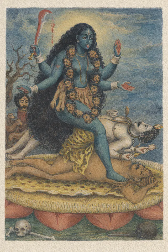 Painted Kali, four-armed and dark blue, a cleaver raised and a garland of severed heads at her chest, standing on a lotus above two pale reclining figures.