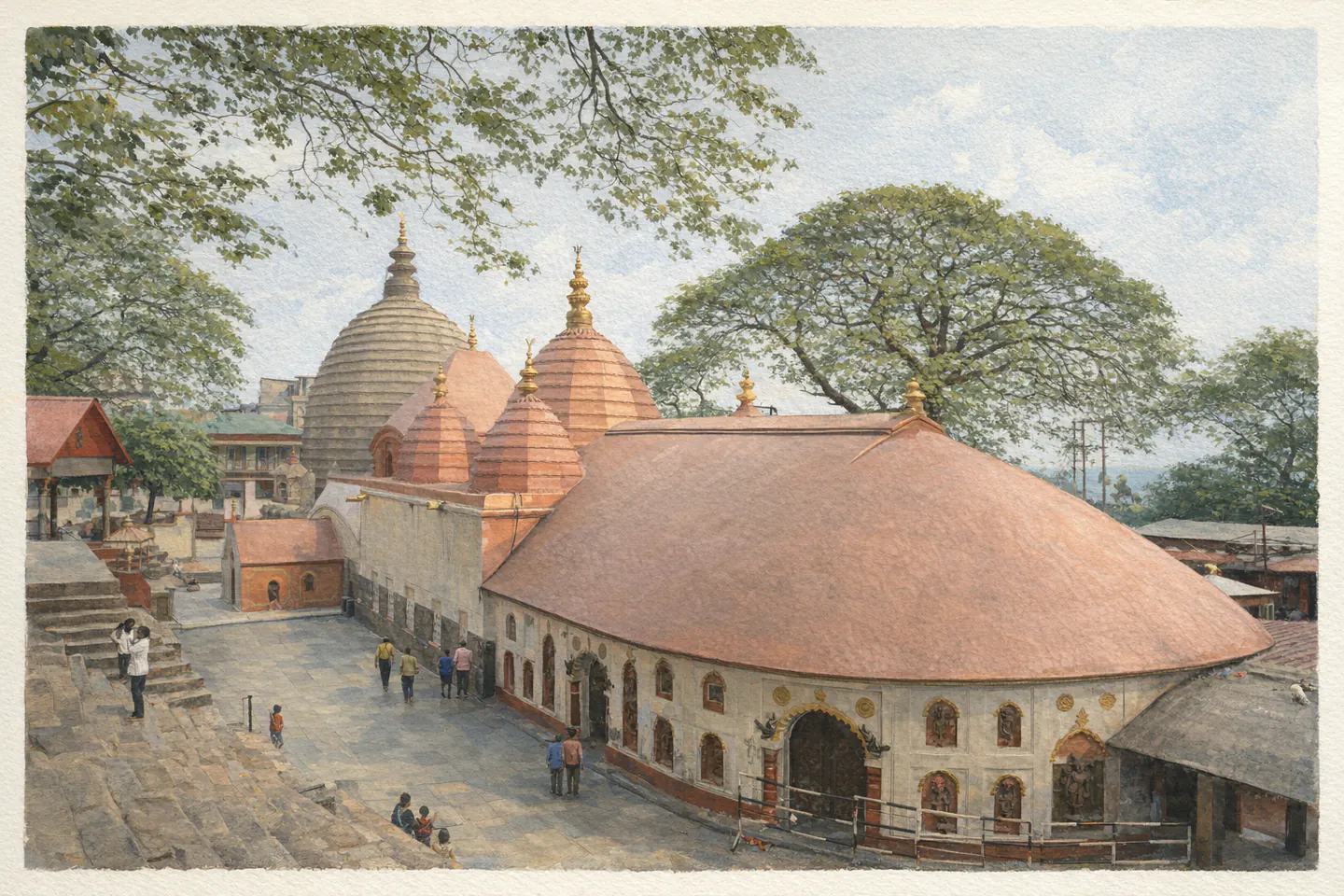 Painted view of Kamakhya's pink roofs and stone tower beneath the trees on Nilachal Hill.