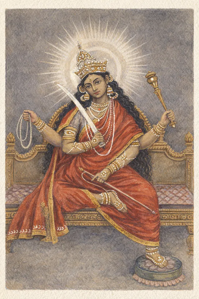 Painted Matangi seated on an ornate throne in a red sari, holding a sword, a gold mace and a loop of prayer beads.