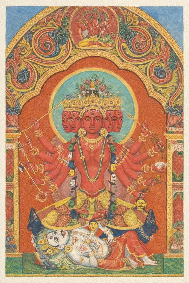 Painted Shodashi, many-headed and many-armed in vermilion, enthroned beneath an ornate scrolled arch with attendants below.