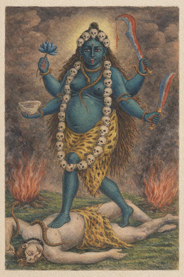Painted Tara, four-armed and blue, wearing a long garland of skulls and a leopard-skin cloth, holding a lotus and a skull cup between two cremation fires.